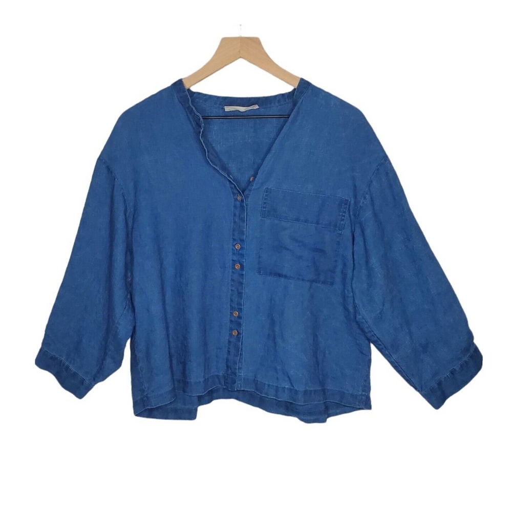 Everlane Chambray Cropped Button-Up Denim Linen Shirt Women's Sz S Wide Slouchy